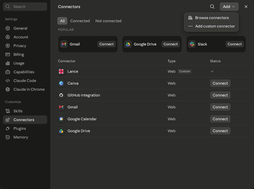 Claude settings on the Connectors tab with the Add menu open, showing the "Add custom connector" option