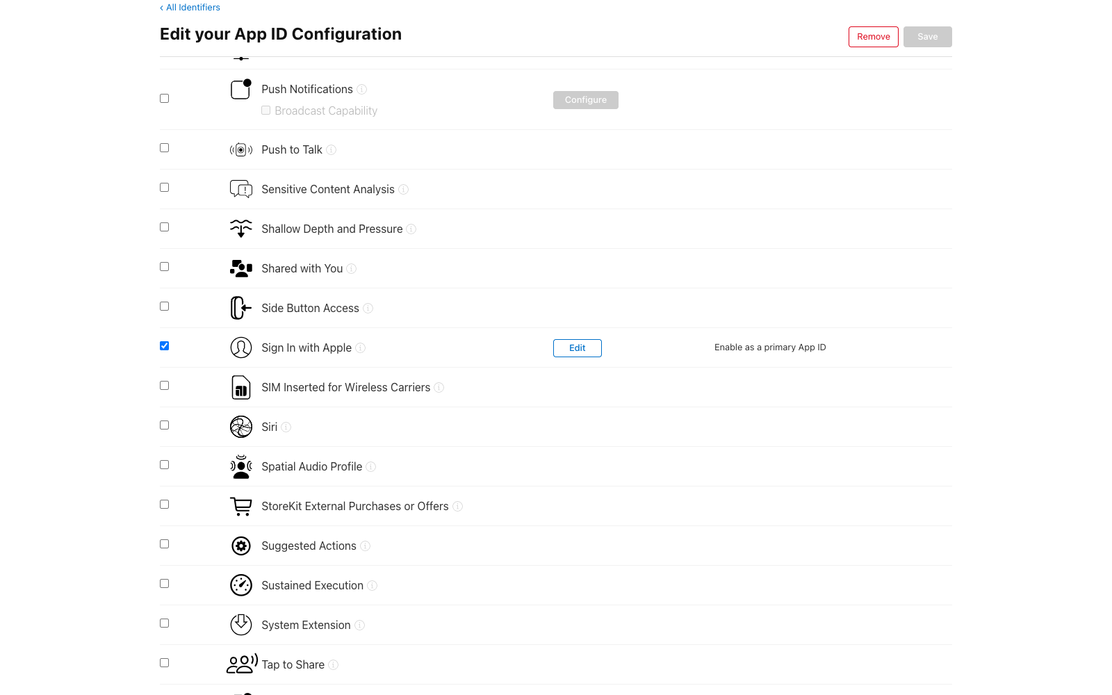 The Sign In with Apple capability row on an App ID's configuration page in the Apple Developer portal, checkbox enabled, with its Edit button